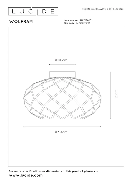 Lucide WOLFRAM - Plafonnière - Ø 30 cm - 1xE27 - Mat Goud / Messing - technisch